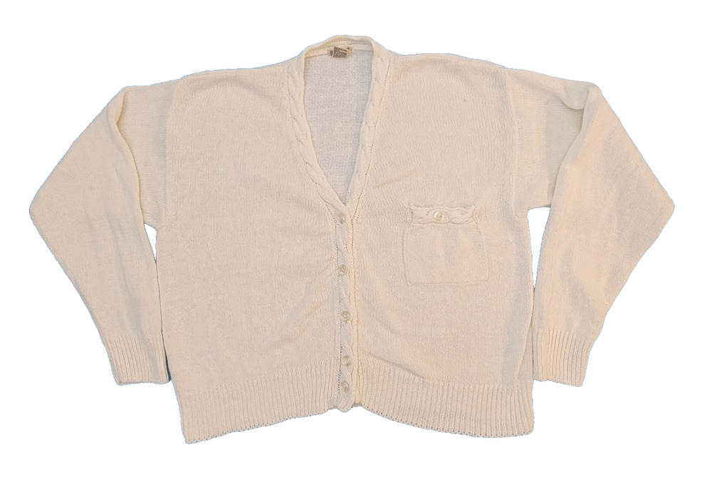 Vintage 80s De Rotchild Cardigan Sweater Ivory White Cable Trim Button Front L